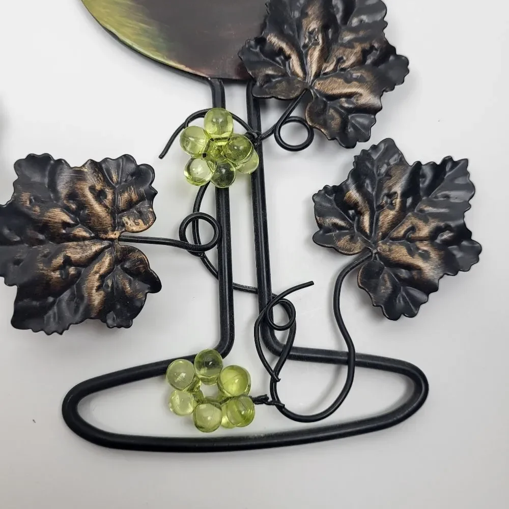 Metal Wine Glass Set, Hanging Wall Decor - Green, Black, Bronze, Leaves & Grapes